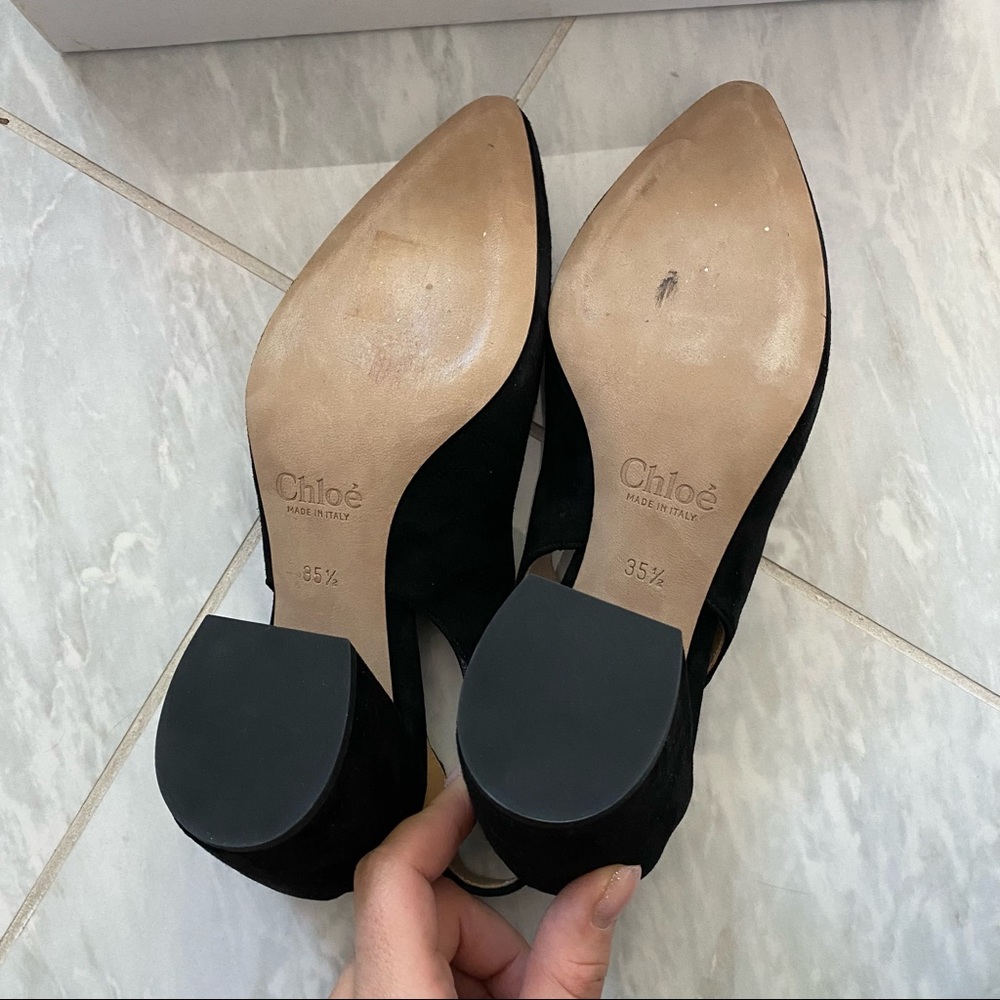 Chloe scalloped sling back suede pumps black block heel - Picture 10 of 11